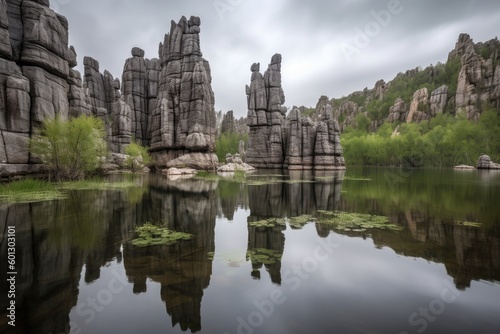 majestic rock formations towering over tranquil lake, created with generative ai © altitudevisual