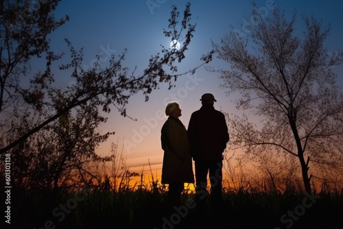 couple  gazing at the full harvest moon  with silhouetted trees in the background  created with generative ai