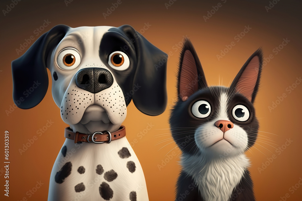 Cute dog and cat with funny face, illustration generative AI