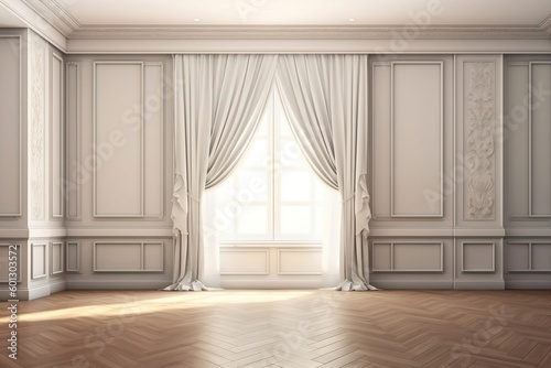 Empty luxury white room with folding glass panel door and sheer curtain on carpet floor for interior decoration and product background 3D. Ai Generated. © rzrstudio