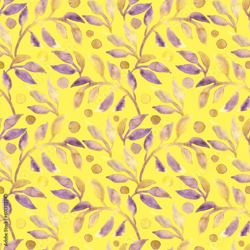Watercolors yellow and purple leaves seamless pattern. Hand drawn floral. On yellow background.