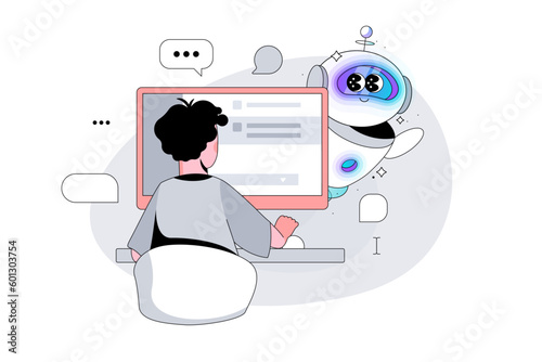 Robot character peeks out from behind a Computer Monitor. Male User enters a Request to Artificial Intelligence. Man writes a question in Сhatbot