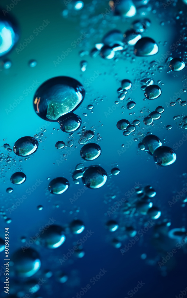 A macro shot of clear liquid drops, water freshness, and the purity of nature. Transparent droplets against a blue background, glisten with the abstract beauty of a raindrop's bubble. Generative AI.
