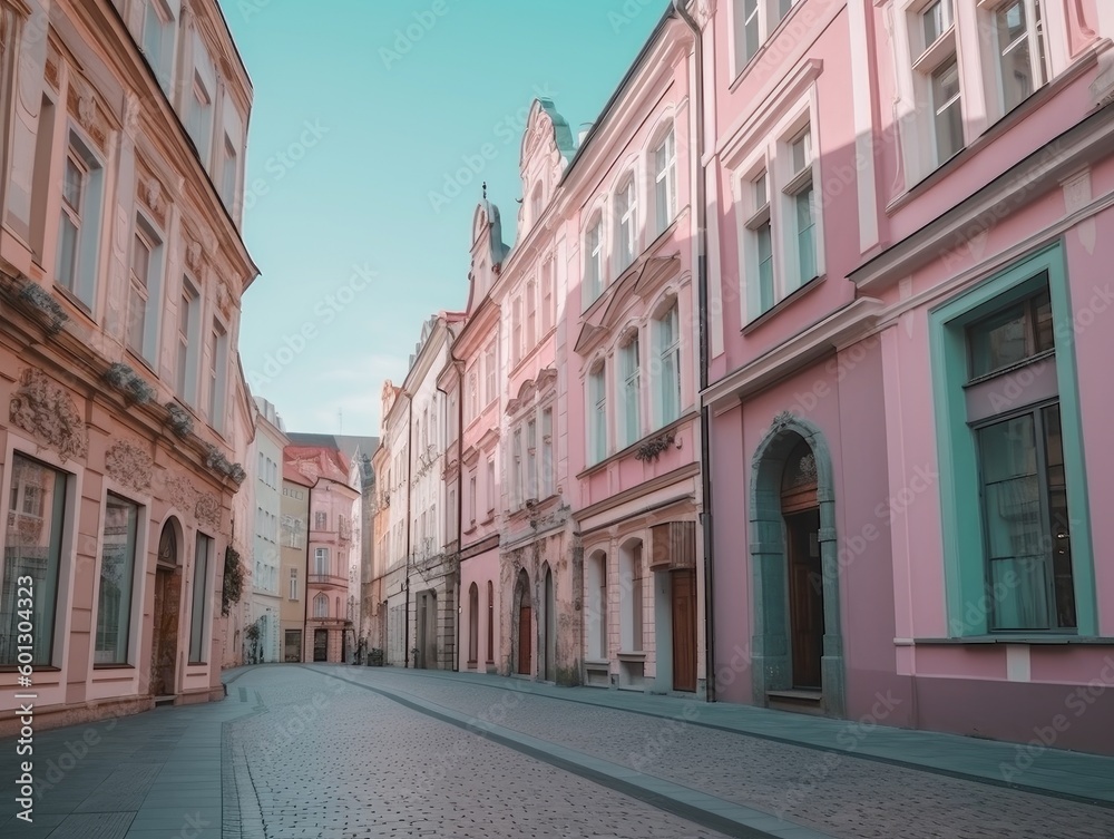 Street Lined with Pastel-colored Buildings in a Historic Town - AI Generated