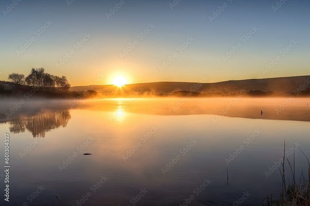 sunrise over a serene lake, with mist floating above the water, created with generative ai