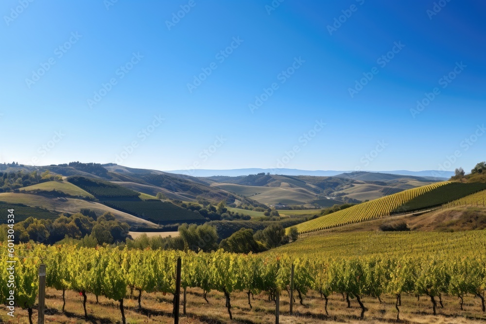 Naklejka premium vineyard with rolling hills and clear blue sky, created with generative ai