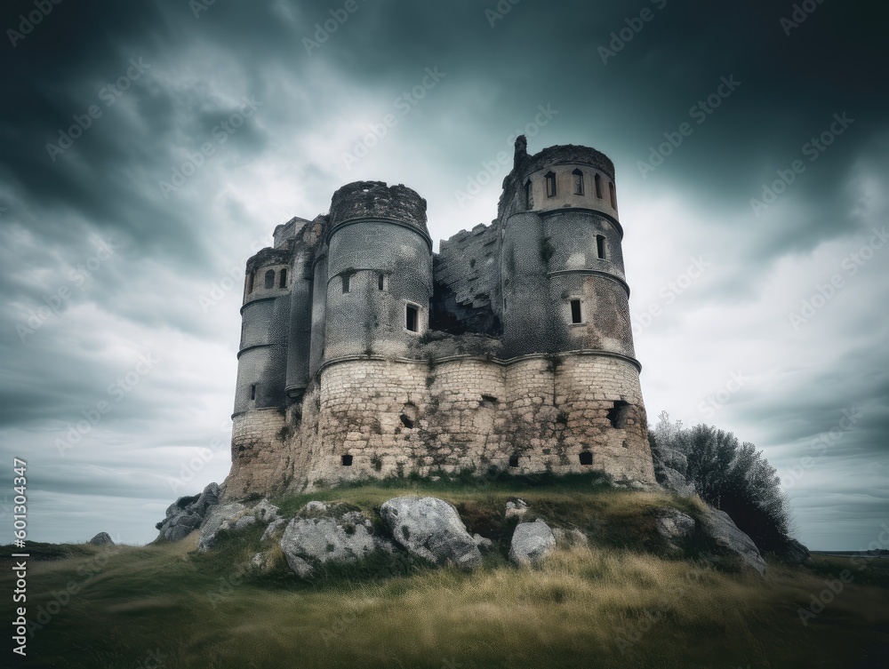 Towering Stone Castle against Cloudy Sky - AI Generated