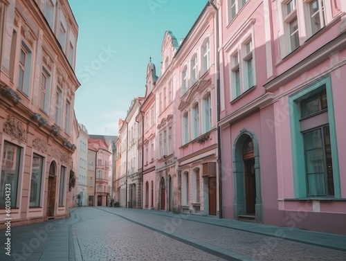 Street Lined with Pastel-colored Buildings in a Historic Town - AI Generated