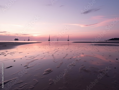Tranquil Beach Scene at Sunset in Pastel Hues - AI Generated