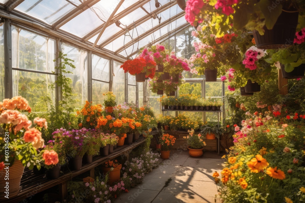 greenhouse with hanging baskets overflowing with colorful flowers, created with generative ai