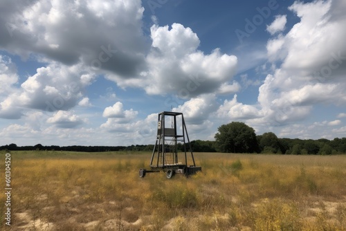 metal detector frame in the middle of an open field, with blue sky and white clouds overhead, created with generative ai