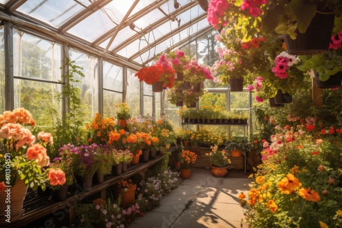 greenhouse with hanging baskets overflowing with colorful flowers  created with generative ai