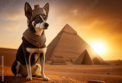 Portrait of a dog in front of the famous Egyptian pyramids in Giza. AI genarated photo