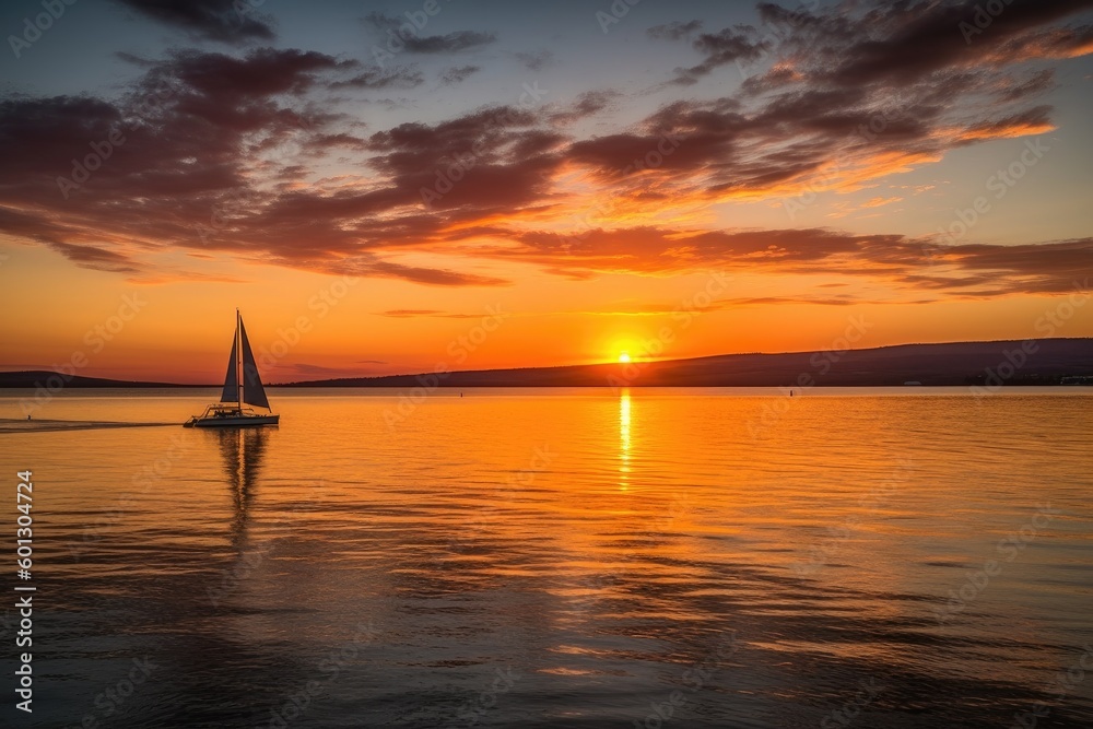 beautiful sunset over the water, with sailboat in view, created with generative ai