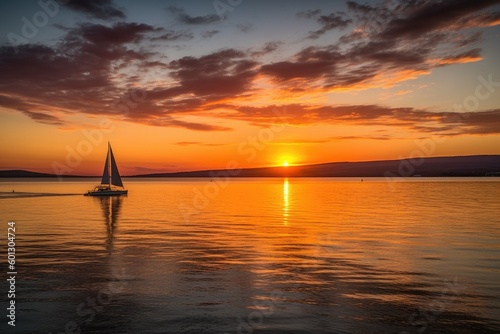 beautiful sunset over the water, with sailboat in view, created with generative ai