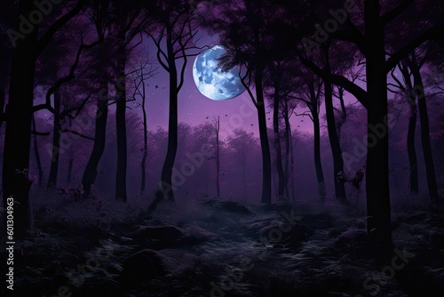 nighttime in magical dark purple forest, with the moon and stars shining above, created with generative ai © altitudevisual