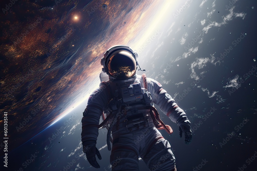 Astronaut on a rock surface with a space background. an astronaut standing on the lone planet with him looking forward. Generative AI