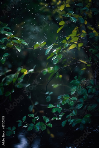 A dark  atmospheric photo. The beauty of plants against a rainy window. Abstract interplay of nature and weather. The wet  dark green plants. Cold outside with green ferns and leaves. Generative AI.