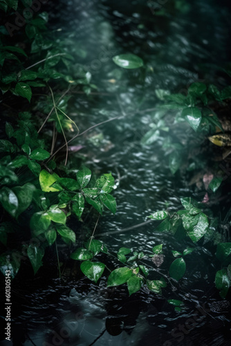 A dark, atmospheric photo. The beauty of plants against a rainy window. Abstract interplay of nature and weather. The wet, dark green plants. Cold outside with green ferns and leaves. Generative AI.