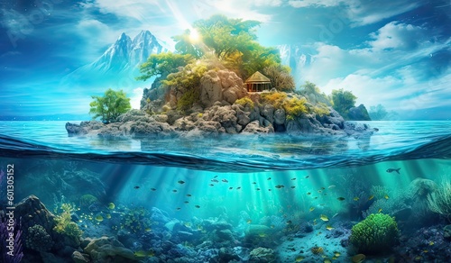 Tropical Island And Coral Reef - Split View With Waterline. Beautiful underwater view of lone small island above and below the water surface in turquoise waters of tropical ocean. Generative Ai. © Kowit
