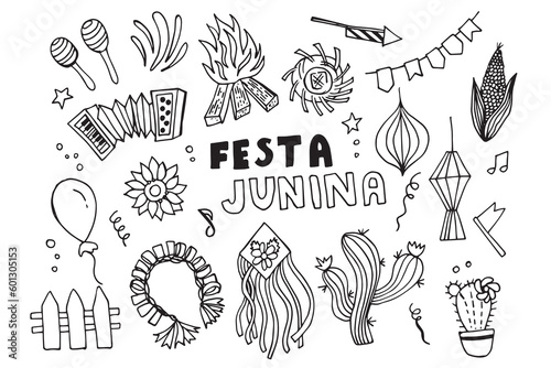 Festa Junina.Brazilian Midsummer Festival. party decoration. Hand drawn vector doodles set isolated on white background.