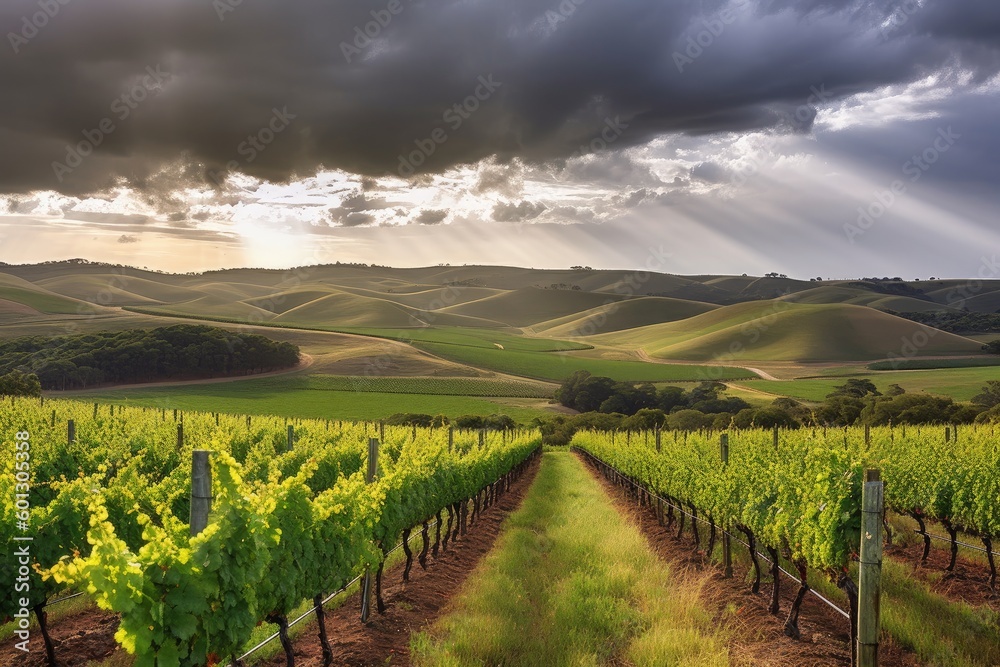 vineyard with rolling hills and dramatic sky in the background, created with generative ai