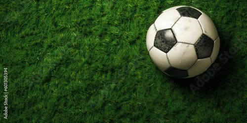 Top view of soccer ball that is on the green grass. Beautiful illustration picture. Generative AI