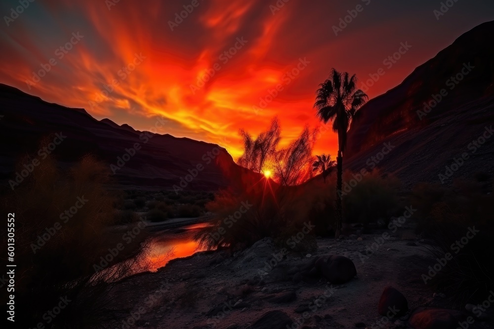 magnificent fiery sunset in canyon with silhouettes of palm trees and mountains in the background, created with generative ai