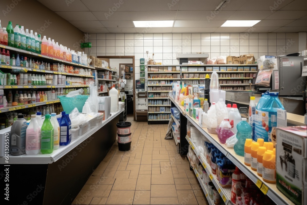 cleaning supplies aisle in grocery store, with bottles of cleaner, paper towels, and other essentials nearby, created with generative ai