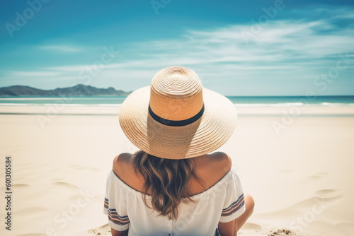 Young woman in a straw hat in a beach at summer day. Generative AI. © julijadmi
