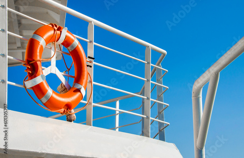 Life buoy on the deck of cruise ship.