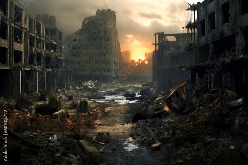 Destroyed modern city by war. Beautiful illustration picture. Generative AI