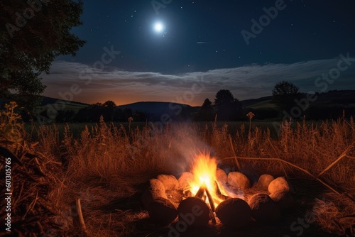 campfire crackling in the night sky, with view of the harvest moon shining its light, created with generative ai
