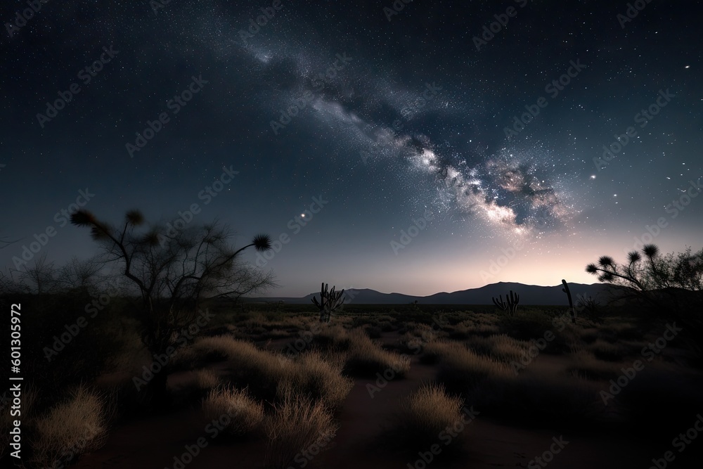 night sky filled with stars and a crescent moon over desert landscape, created with generative ai