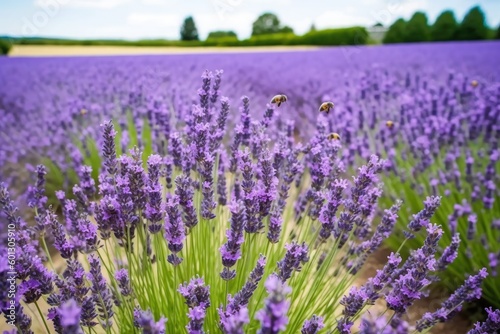 lavender field in full bloom, with bees buzzing among the flowers, created with generative ai