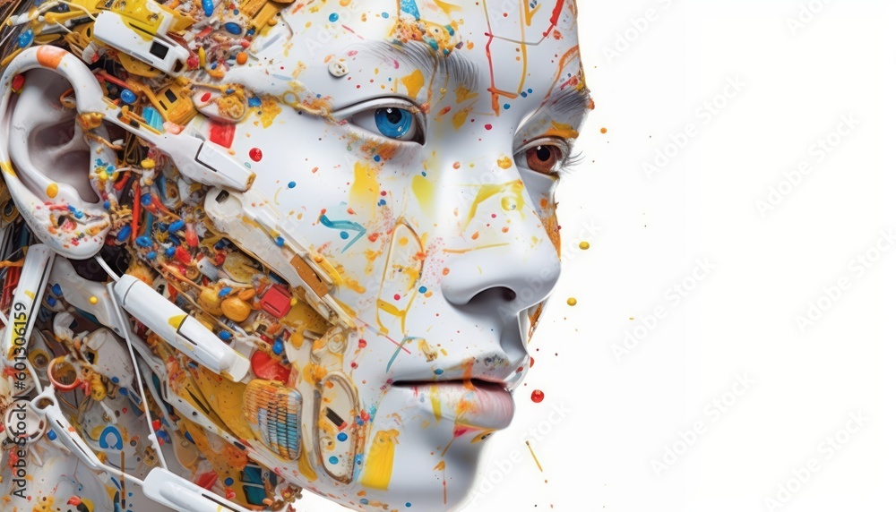 Robot woman, portrait. Colorful paint is on the face. Beautiful illustration picture. Generative AI
