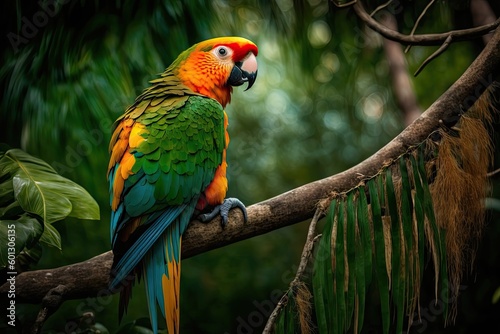 parrot perched on tree branch, surveying jungle from above, created with generative ai © altitudevisual