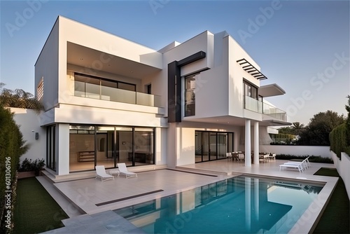 modern mediterranean house with geometric exterior and contemporary details, created with generative ai © altitudevisual
