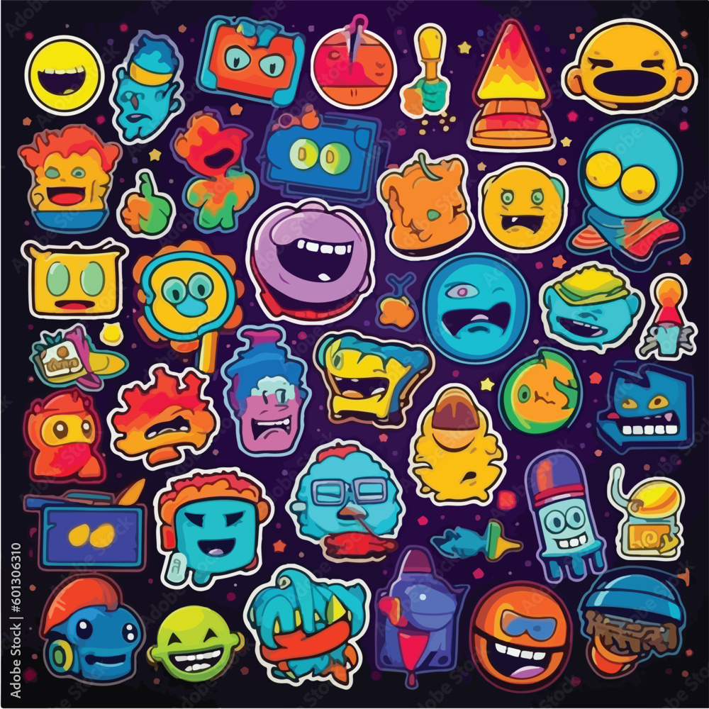 Sticker 90s abstract cartoon character vector smile trendy funny modern retro  graphic collection