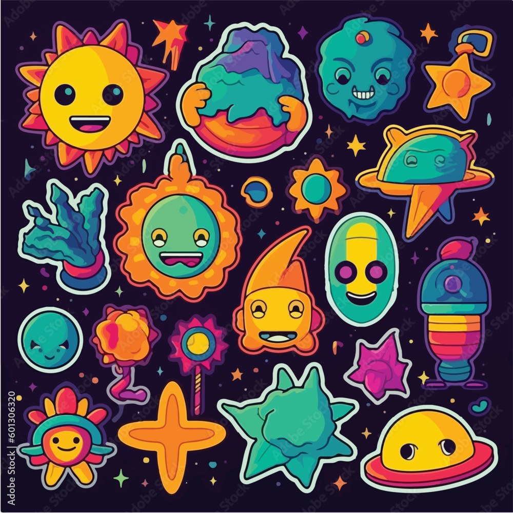 Sticker 90s abstract cartoon character vector smile trendy funny modern retro  graphic collection