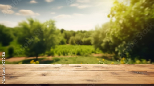 Wooden table with nature background  empty table for product images   AI generated