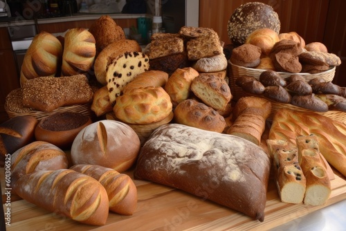 bounty of fresh breads, baked in myriad shapes and sizes, created with generative ai
