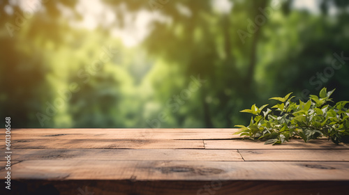 Wooden table with nature background, empty table for product images   AI generated © Daniel