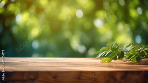 Wooden table with nature background  empty table for product images   AI generated