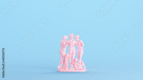 Pink The Three Graces Daughters Of Zeus Sculpture Statue Embracing Greek Roman Goddesses Blue Kitsch Background 3d illustration render digital rendering photo