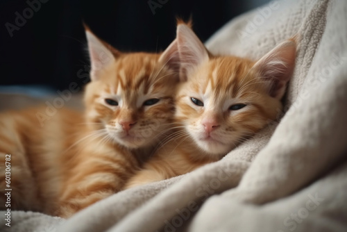 Baby cat sleeping, Ginger kitten on couch under knitted blanket, Two cats cuddling and hugging, Domestic animal, Sleep and cozy nap time, Home pet, Young kittens, Cute funny cats at home,