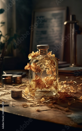 Perfume bottles and dry leaves,created with generative ai tecnolog