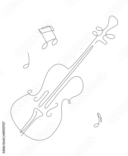Music instruments one line set illustration with notes. Jazz and rock music band instrument line art. Guitar and violin icons vector design. .