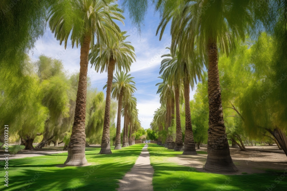 palm tree park with lush greenery and blue sky overhead, created with generative ai