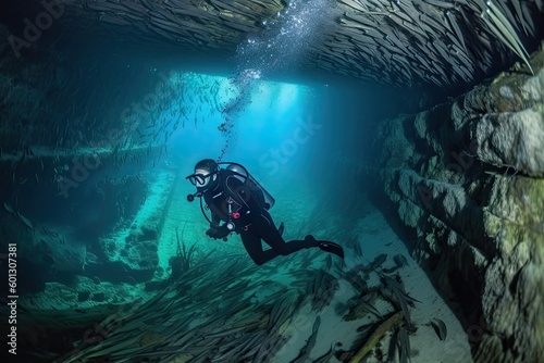 scuba diver exploring underwater cavern, with schools of fish swimming in the background, created with generative ai © altitudevisual
